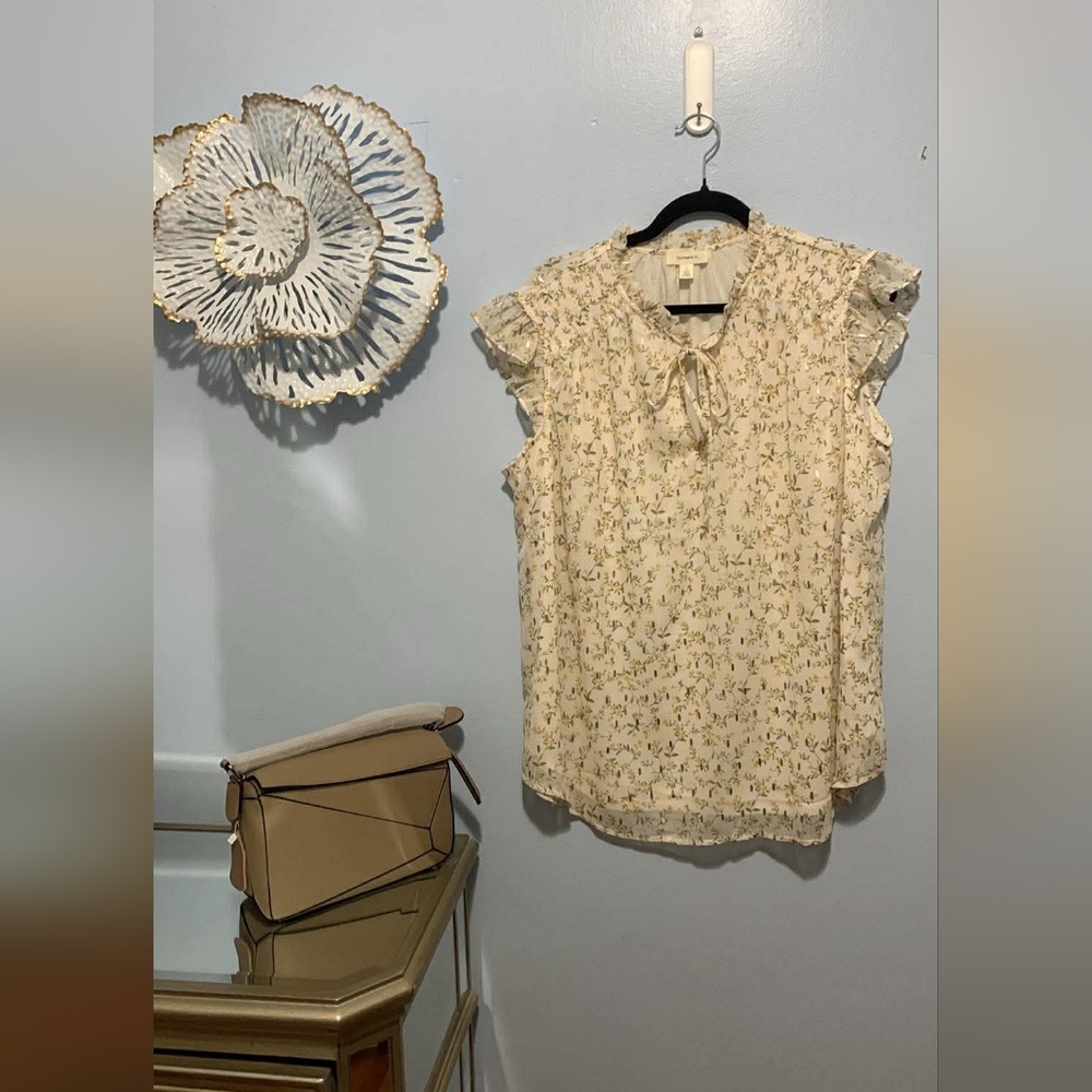 Women's Floral Tie-Neck Ruffle Sleeve Blouse - Cream